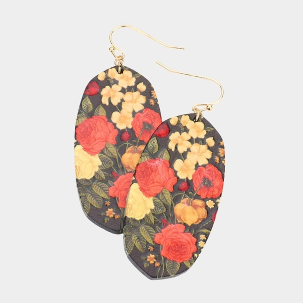 Floral embossed oval wood earrings